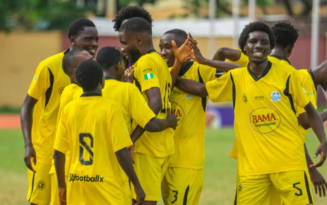 UNILAG football team celebrating a 3-0 victory over FCFMT in the UNITECOL Cup 2026 Group B match at the University of Lagos main bowl.