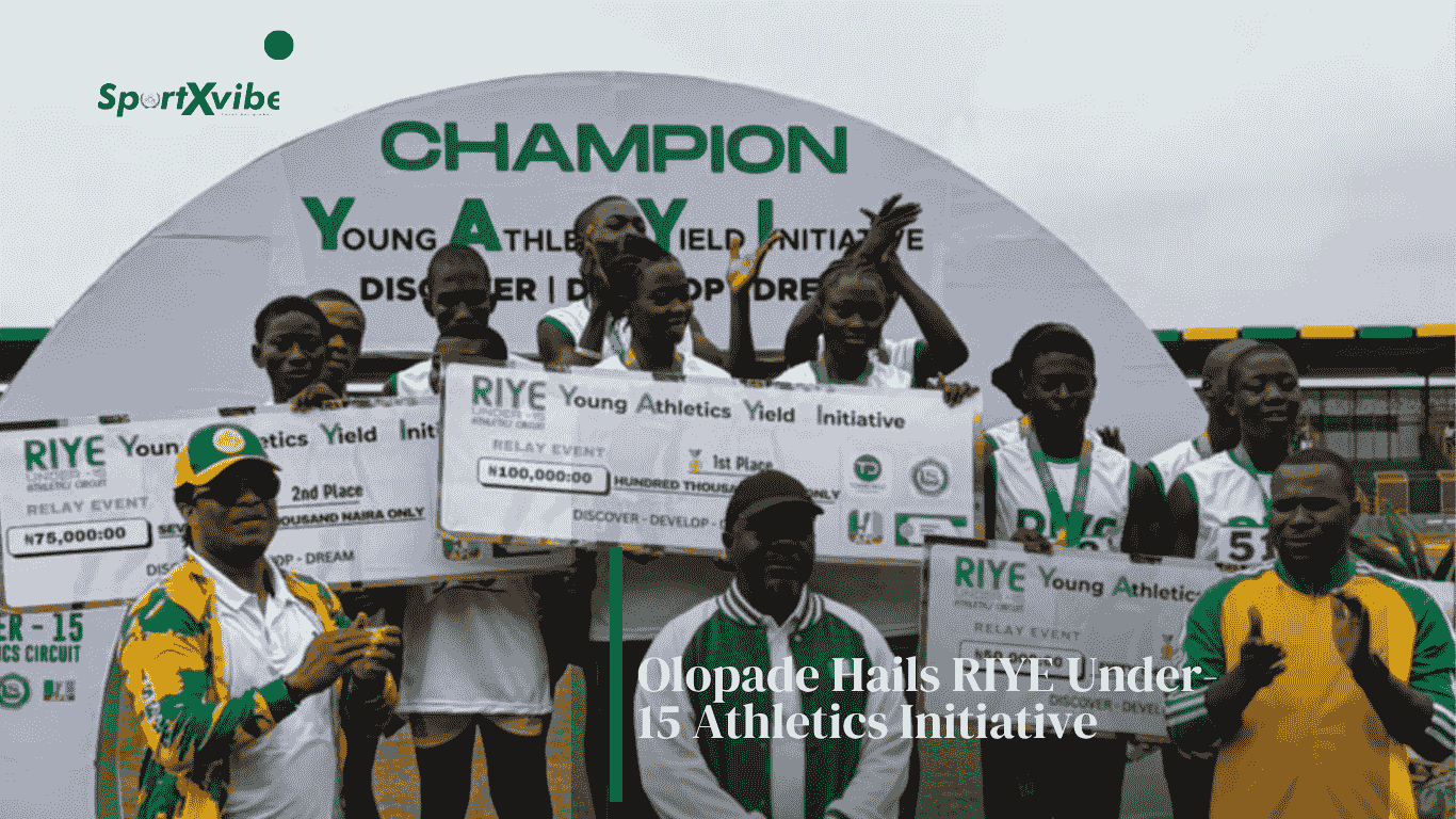 NSC Director-General Bukola Olopade with young athletes during the grand finale of the RIYE Under-15 Athletics Circuit at the MKO Abiola Sports Arena, Abeokuta.