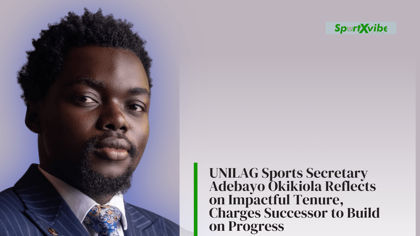 Outgoing University of Lagos Students' Union Sports Secretary Adebayo Okikiola addressing students during a sports event, reflecting on his tenure and officially handing over to the incoming Sports Secretary.